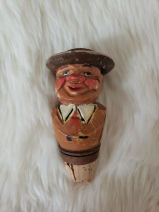 Vintage German Hand Carved Wood Puppet Cork Wine Bottle Stopper Man