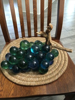 Vintage Blue/green Lucite Grape Cluster On Driftwood
