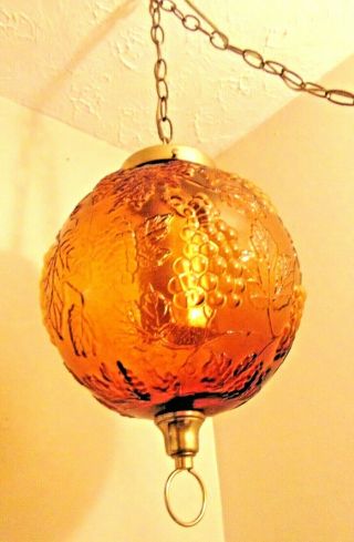 Vintage 1960s Mid Century Modern Amber Glass Swag Hanging Lamp Grape Pattern Ec
