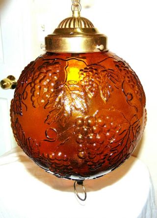 Vintage 1960s Mid Century Modern Amber Glass Swag Hanging Lamp Grape Pattern EC 2