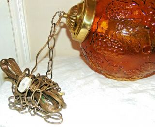 Vintage 1960s Mid Century Modern Amber Glass Swag Hanging Lamp Grape Pattern EC 3