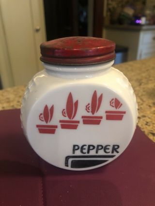 Vintage Art Deco Milk Glass White & Red & Black Pepper Shaker Only Round No Salt