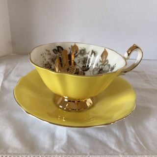 Queen Anne England,  Gold Roses,  Tea Cup Saucer,  Wide Mouth,  Yellow