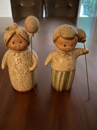 Lisa Larson Vintage Stoneware Boy And Girl With Balloons Salt And Pepper Shakers
