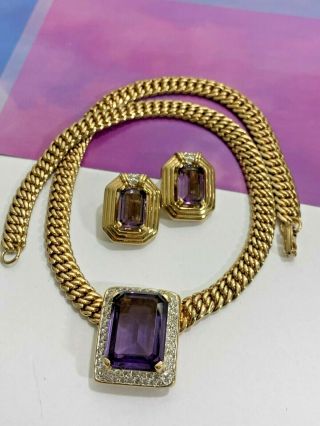 Vintage Panetta Gold Tone Amethyst Crystal Clear Rhinestone Necklace And Earring