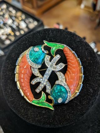Rare Vintage Signed Denicola Enamel Jeweled Zodiac Pisces Double Fish Brooch Pin