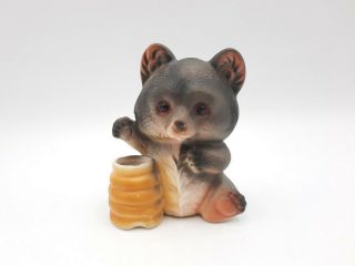 Vintage Small Ceramic Bear With Beehive Toothpick Holder Figurine 3.  25 "