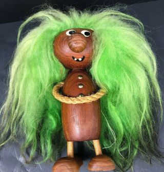 Vintage Mid Century Hans Bolling Teak Wood Troll Doll Figure Green Fuzzy Hair