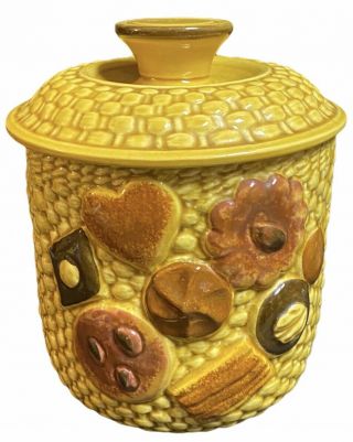 Los Angeles Potteries Cookie Jar Cookies All Over Basket Weave Gold 1966 Vintage