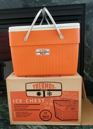 Thermos Brand Ice Chest Cooler Tube Aluminum Handles Orange Plastic Vtg