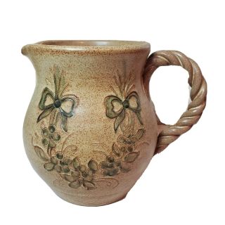 Vintage Ceramic Handmade Pitcher Braided Handle Unsigned Floral Design