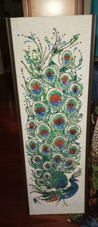 Vintage Gravel Art Picture Mosaic Glass / Pebble Peacock Mid Century 36 " Tall