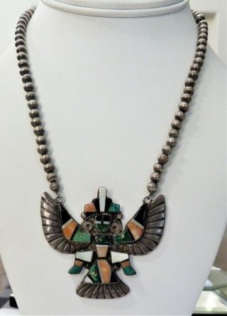 Old Vintage Zuni Sterling Silver Knifewing Kachina Turquoise Inlay Bead Necklace
