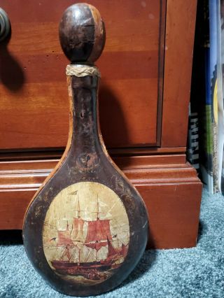 Vintage Leather Covered Bottle With Pirate Ship On Front