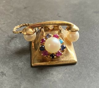 Vintage Heavy 14k Gold Ruby Sapphire Pearl Rotary Phone Charm Pendant 7 Grams