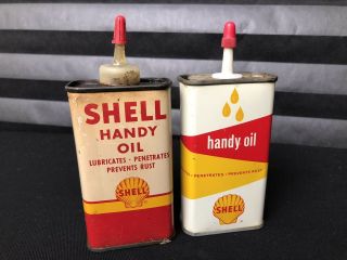 Pr.  Of Vintage Shell Handy Oil 4 Oz.  Tin Litho Cans Penetrating Oil Red Cap