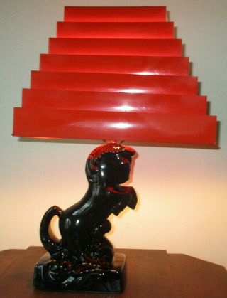 Vintage Mcm Ceramic Black Horse Tv Lamp Red Venetian Shade