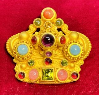 Rare Signed Natasha Stambouli 24k Gold Plate Semi Precious Stone Crown Pin