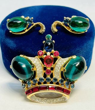 Large Trifari Alfred Philippe Emerald Cabochon Royal Coronation Crown - Rare Set