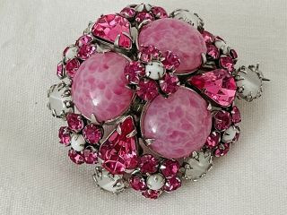 Ravishing Signed Schreiner Highly Domed Pink Matrix Rose And White Opal Brooch