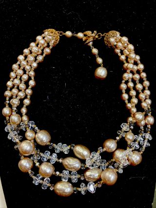 Miriam Haskell 3 Strand Baroque Pearls Cut Crystal Dove Clasp Necklace