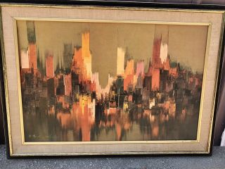 Mid Century Modern Academy Arts Chicago Cityscape Wall Art 44 Inches Wide Signed