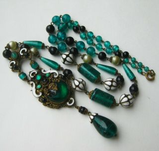 Vintage Art Deco Czech Art Glass Enamel Lavalier Beaded Long Brass Necklace
