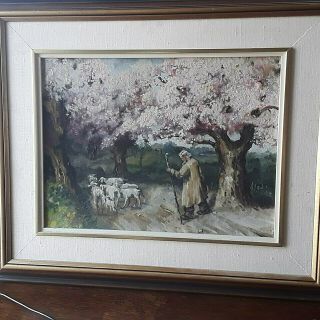 Old Oil Painting Herd Of Sheep And Sheep Herder Religious Country Farm Scenery