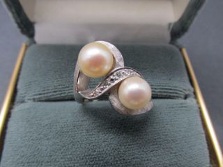 Vintage 14k Florentine Finish Solid White Gold Diamond Natural Pearl Ring 7.  5mm
