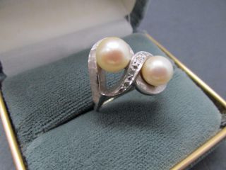 Vintage 14k Florentine Finish Solid White Gold Diamond Natural Pearl Ring 7.  5mm 2
