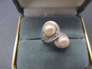 Vintage 14k Florentine Finish Solid White Gold Diamond Natural Pearl Ring 7.  5mm 3