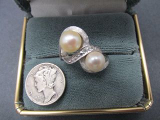 Vintage 14k Florentine Finish Solid White Gold Diamond Natural Pearl Ring 7.  5mm 4