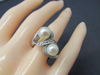 Vintage 14k Florentine Finish Solid White Gold Diamond Natural Pearl Ring 7.  5mm 5