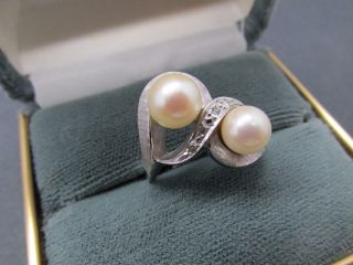 Vintage 14k Florentine Finish Solid White Gold Diamond Natural Pearl Ring 7.  5mm 6