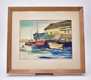 George Schwacha Watercolor Painting Coastal Landscape Fishing Boats