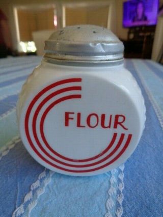 Vintage Milk Glass Flour Shaker Red Design