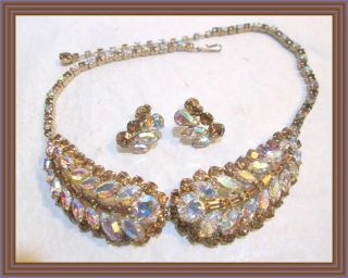 Sherman Champagne Topaz & Yellow Ab - Double Leaf Cluster Motif Necklace Set Nr