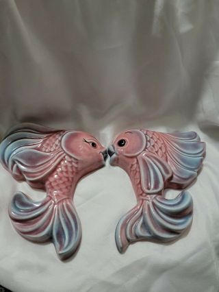 Vintage Pair Mid Century Modern Ceramic Pink/blue Glossy Fish Wall Plaques