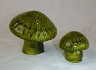 Pr Vtg Mid Century Ceramic Avocado Green Mushrooms Groovy 4 " & 2.  5 " H