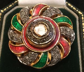 Vintage 18k And Sterling Cocktail Ring W/red,  Green Enamel,  Diamonds Sz 7