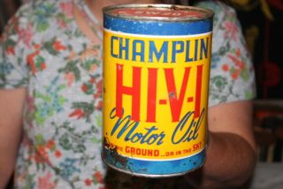 Vintage Champlin Hi - V - I Motor Oil 1 Quart Metal Can Gas Station Sign
