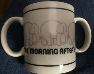 The Morning After Hangover Mug - Two - Handled Coffee Cup Pink Elephants Vtg 1982