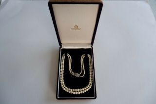 Vintage 2 Row Cultured Pearl Necklace 9ct White Gold Diamond Clasp - C1963,  Box