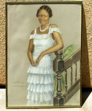 Monique Baudaux Pastel Portrait Of African American Woman In A White Lace Dress