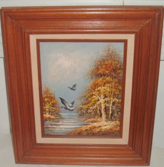 Vintage Bernard Mallard Birds In Flight Oil Painting Solid Wood Frame Signed