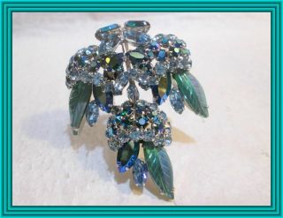 Sherman Teal,  Sky Blue & Emerald Ab - Triple Acorn & Opaque Leaf Cluster Brooch