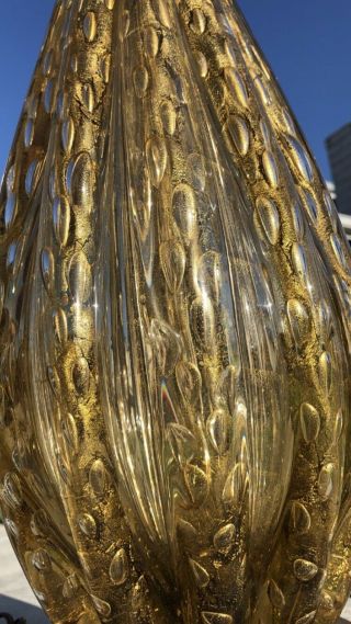 Vintage Barovier & Toso Murano Glass Table Lamp With Ribbed Glass & Gold Inlay