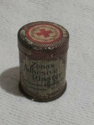 Vintage Tiny Tin Zonas Adhesive Plaster Johnson & Johnson Tin Holder W Lid