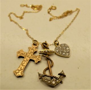 Victorian 9ct Gold Faith Hope & Charity Pendant Necklace Grouped Charm Pendants
