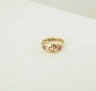 18ct Gold Ruby Diamond Ring,  3 Stone Chester 1902